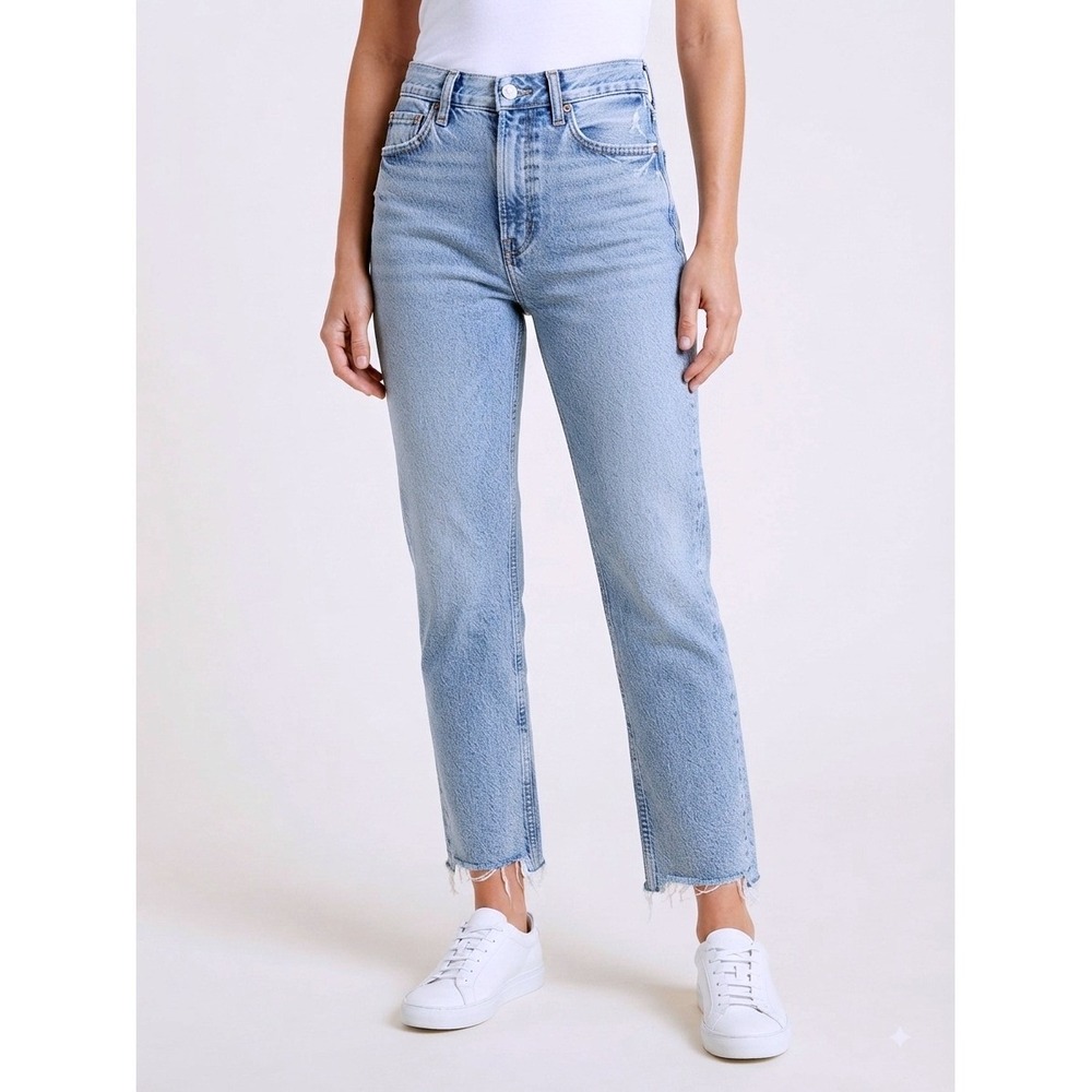 MNG Matilda High Waist Western Girl Straight Leg Jeans Light Wash Raw Hem Blue 2